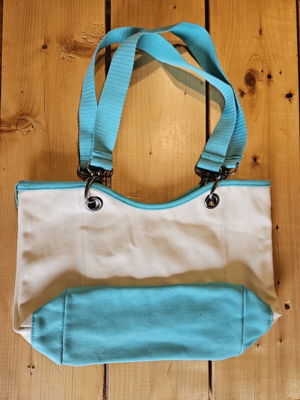 Thirty-One Canvas Crew Carry- Teal White Tote Bag Purse Gromet Straps