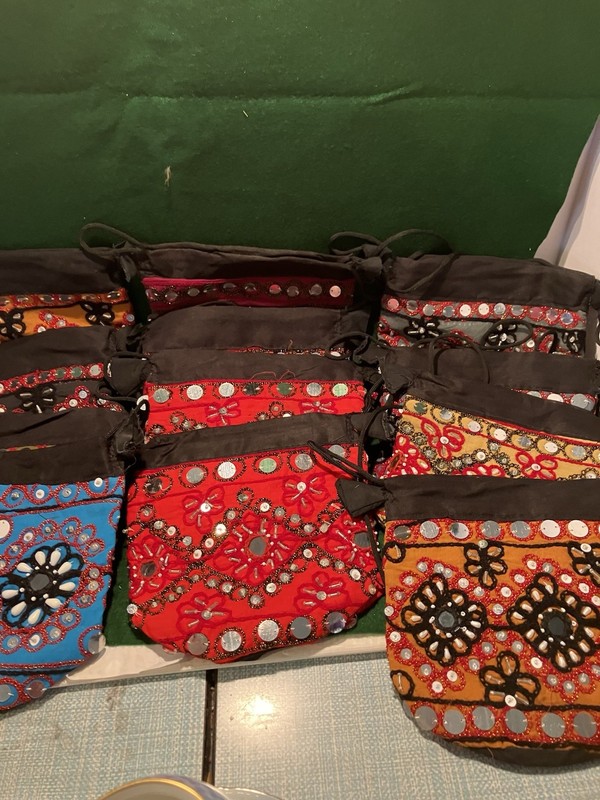 Lot 13 Handmade Multicolor Cotton Drawstring Pouch Bag Mirror Embroidery India