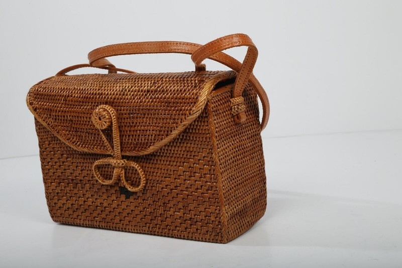 Brown Woven Straw Wood Hard Frame Rattan Crossbody Shoulder Bag Women Fashion gallery