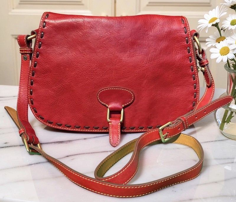 Dooney Bourke Red Florentine Vacchetta Leather Saddle Messenger Shoulder Bag