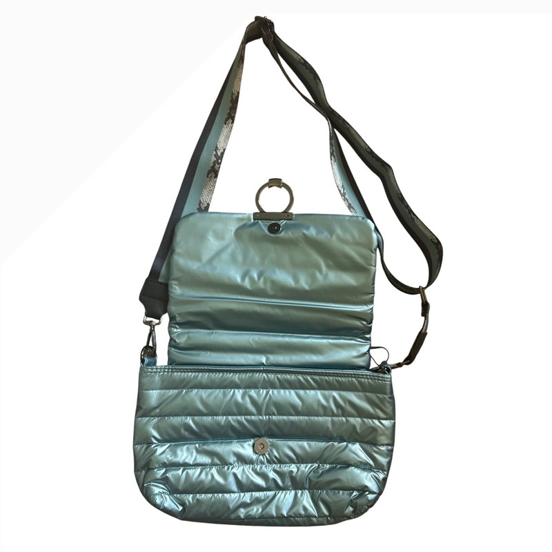 Think Royln Ice Blue/Green Metallic Puffer Crossbody Bum Bag Flap Closure NWT gallery