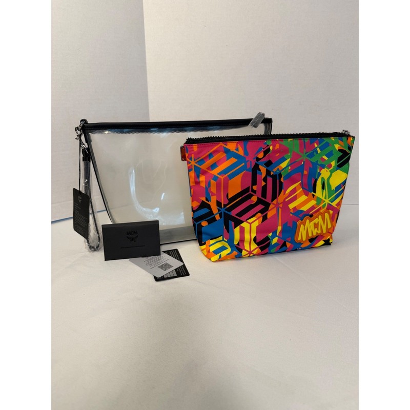 NWT MCM Portuna Translucent Multi Colored Graffiti Nylon Zip Pouch Wristlet gallery