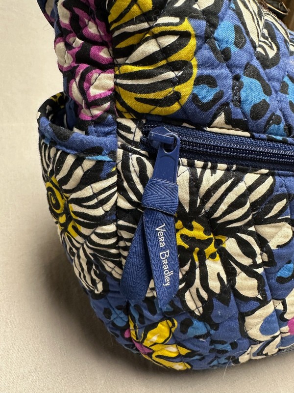 Vera Bradley Shoulder Handbag Floral White/Yellow/Purple on Blue Quilted gallery