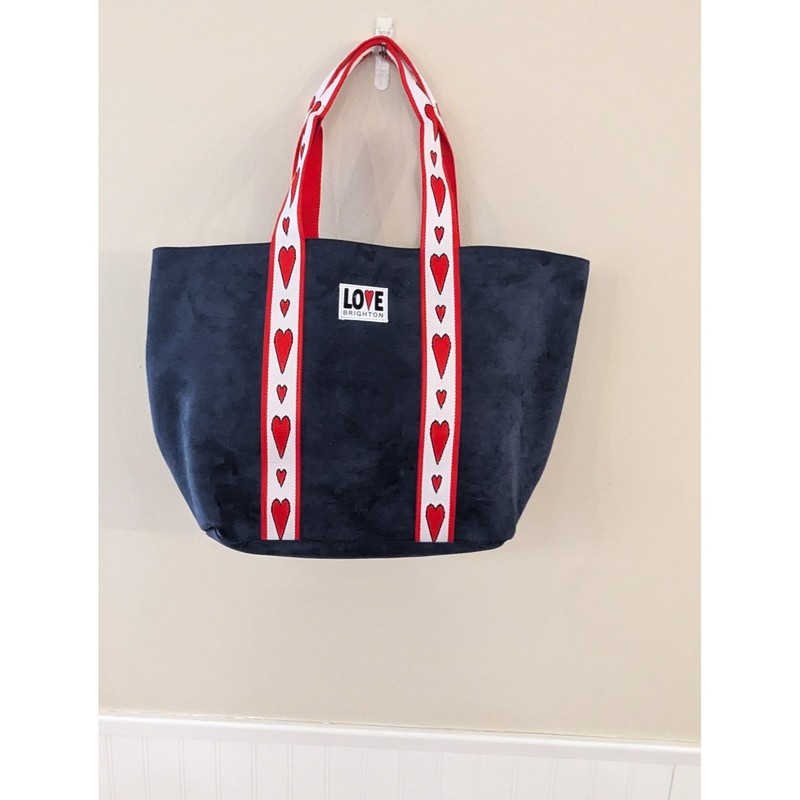 Brighton Love Tote Bag Navy Blue Faux Suede Red Hearts Large Shopper