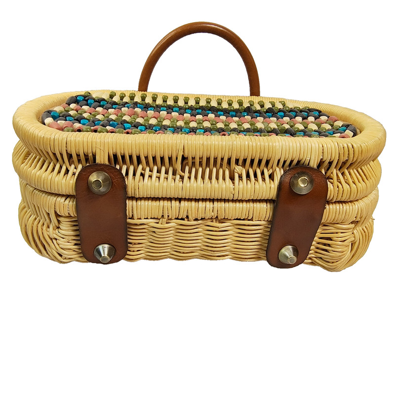 Patricia Nash Rattan Purse Handbag Cipressa Wood Bead Wicker Leather NO STRAP gallery