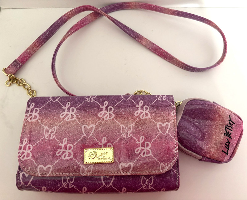2 Pc LUV BETSEY JOHNSON Pink Purple HEARTS BOWS Clutch SHOULDER BAG Purse FOLEY gallery