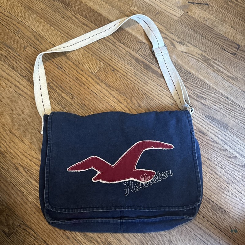 Hollister Dark Blue Corduroy 100% Cotton Y2K Shoulder Bag Seagull Logo Daily Bag