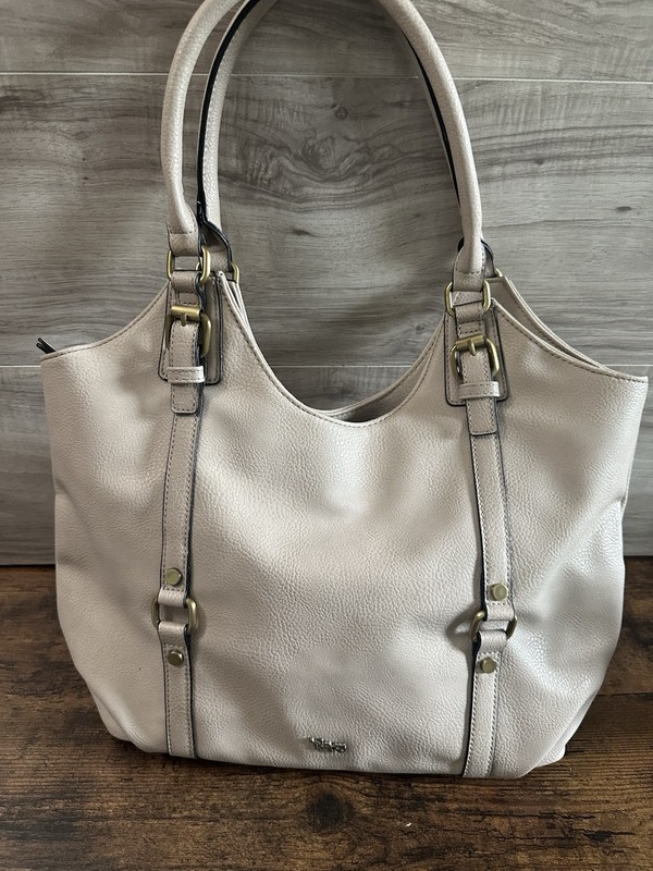 Mathew + Julian Beige Faux Leather Tote Shoulder Bag Large Zip Top Purse