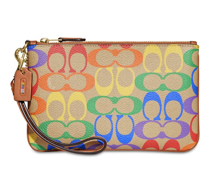 ❤️Coach Small Brass/Tan Natural Multi Wristlet In Rainbow Signature Canvas
