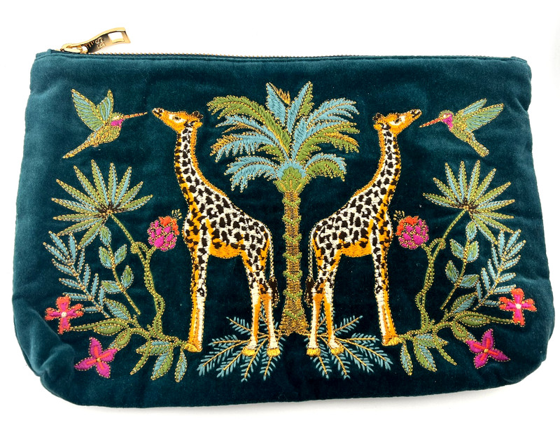 Elizabeth Scarlett Organic Velvet Embroidered Giraffe Hummingbird Pouch Clutch