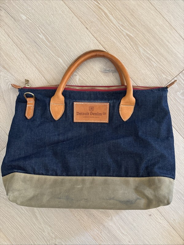 DETROIT DENIM CO Jean Duffle Tote Bag Purse Genuine LEATHER Handles RARE