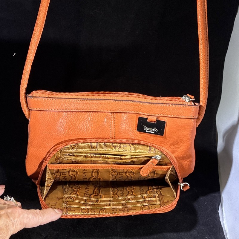 Tignanello Orange Pebbled Logo Crossbody Bag, Silver Hardware, Zip, Strap gallery