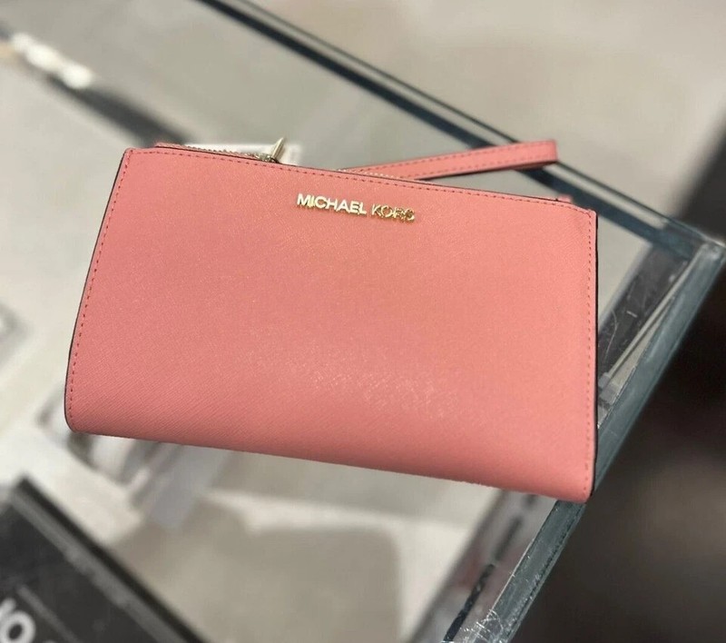Michael Kors Jet Set Women Large Leather Phone Wristlet Flat Wallet Primrose