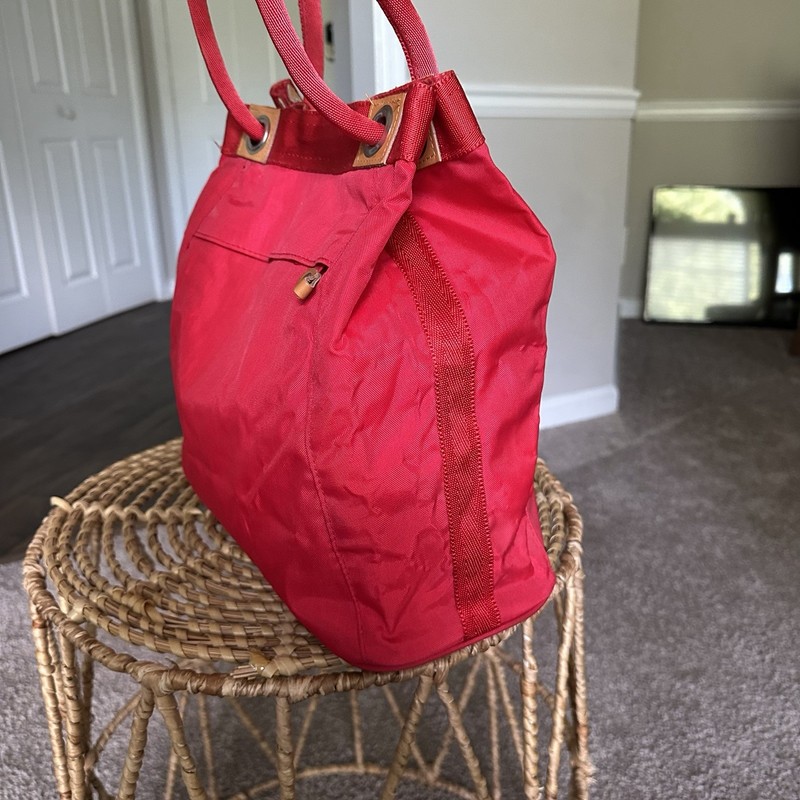 Vintage Jordache Nylon Canvas Tote Shoulder Bag in Red Brown Leather Handles gallery