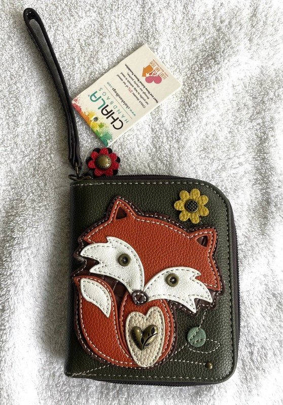 Chala Olive Green Brown Fox & Flower Square Zipper Organizer Wallet Wristlet NEW