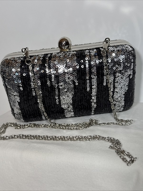 Tasha Silver Evening Clutch Coctail Hard Shell Black Sequins Icicles Purse gallery