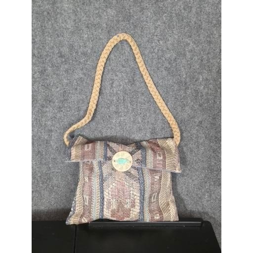 VTG Southwestern Woven Tapestry Stone Shoulder Bag Braided Rope Strap Turquoise