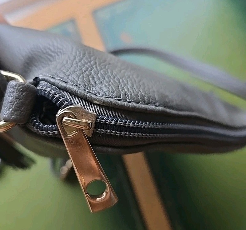 Faux Leather Crossbody Purse Shoulder Bag 10" X 9 1/2" Gray Beige Color Block gallery