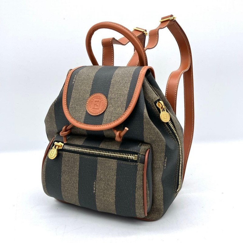FENDI Mini Backpack Pecan PVC Brown Black Gold Hardware 23×18.5cm Authentic