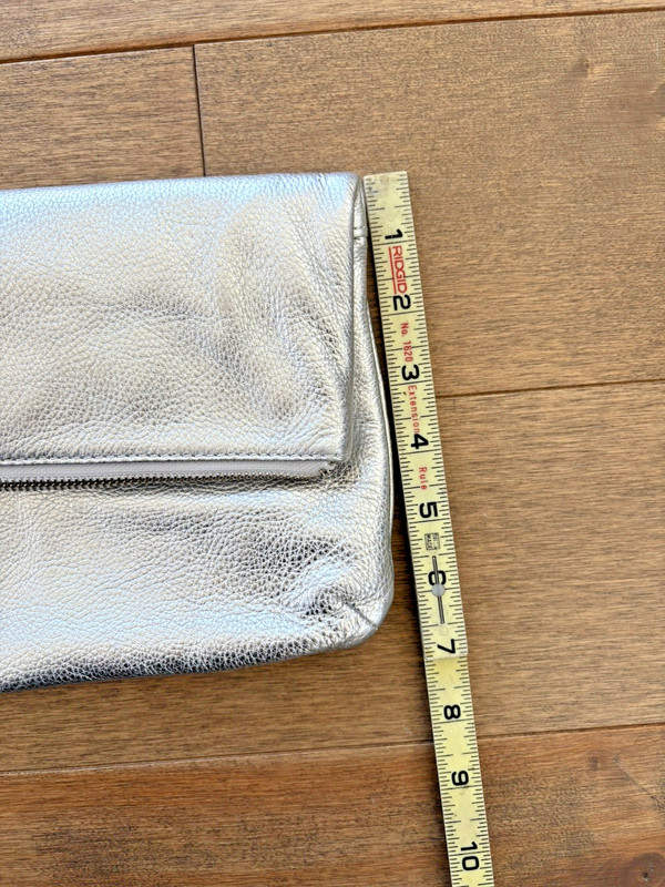 Talbots Pebbled Leather Foldover Metallic Silver Clutch NWOT Event Glam Classic gallery