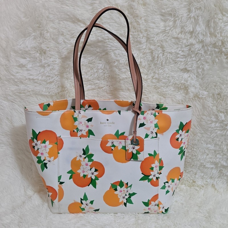 kate spade new york Orange Floral Tote Pink Double Handles Gold Hardware Charm
