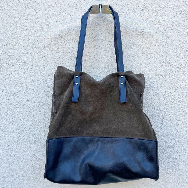 Zara Basic Collection Olive Brown Suede & Black Leather Tote Bag gallery