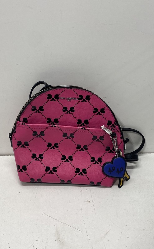 Karl Lagerfeld Womens Crossbody Purse Pink Skull Print Faux Leather Zip