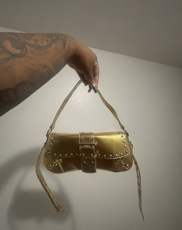 Women’s Small Gold Metallic Solid Rectangle Shoulder Bag Studded Buckle Strap