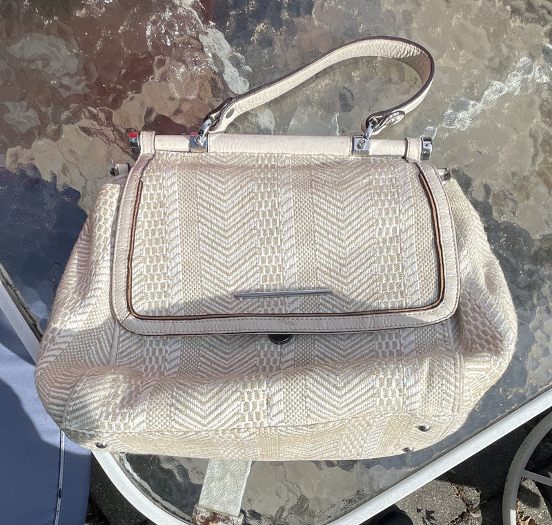 Calvin Klein Beige Woven Satchel Top Handle, Detachable Strap, Magnetic