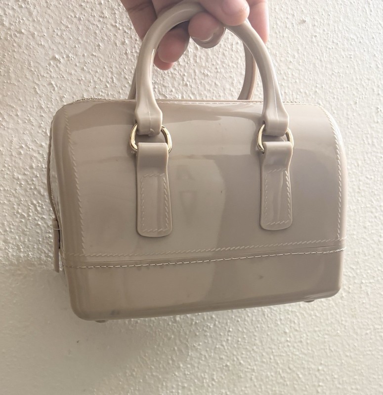 Beige Glossy Small Satchel Bag Gold Chain Strap Double Handles Zip Closure