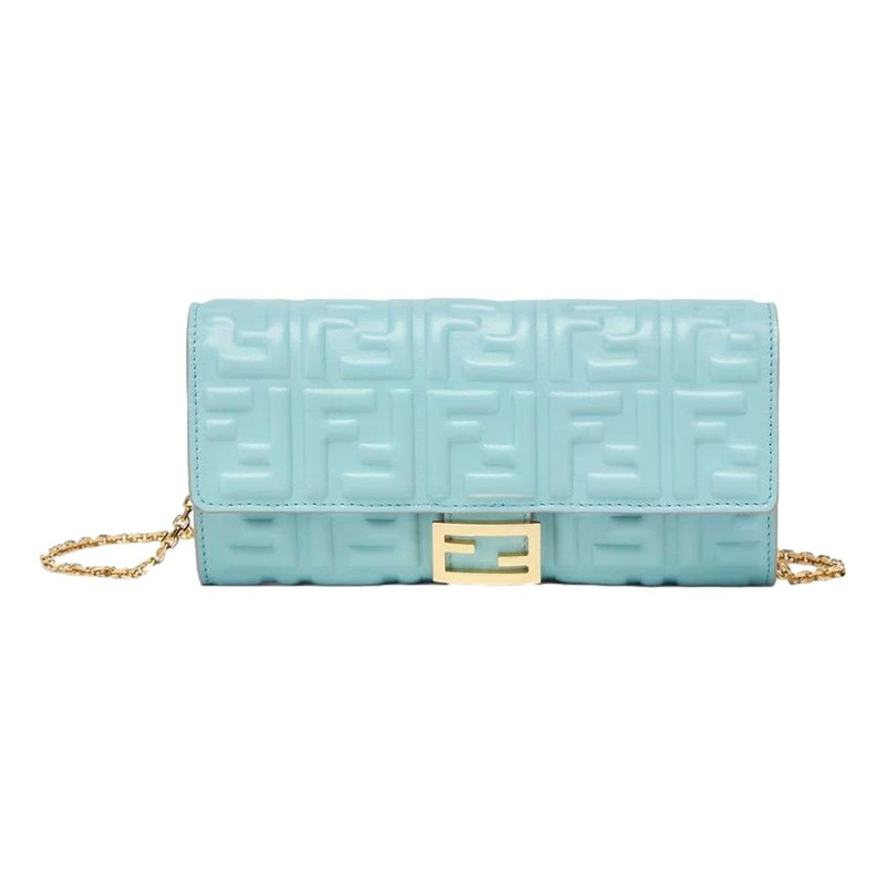 Fendi Baguette FF Embossed Lambskin Wallet on Chain Light Blue Gold WOC New