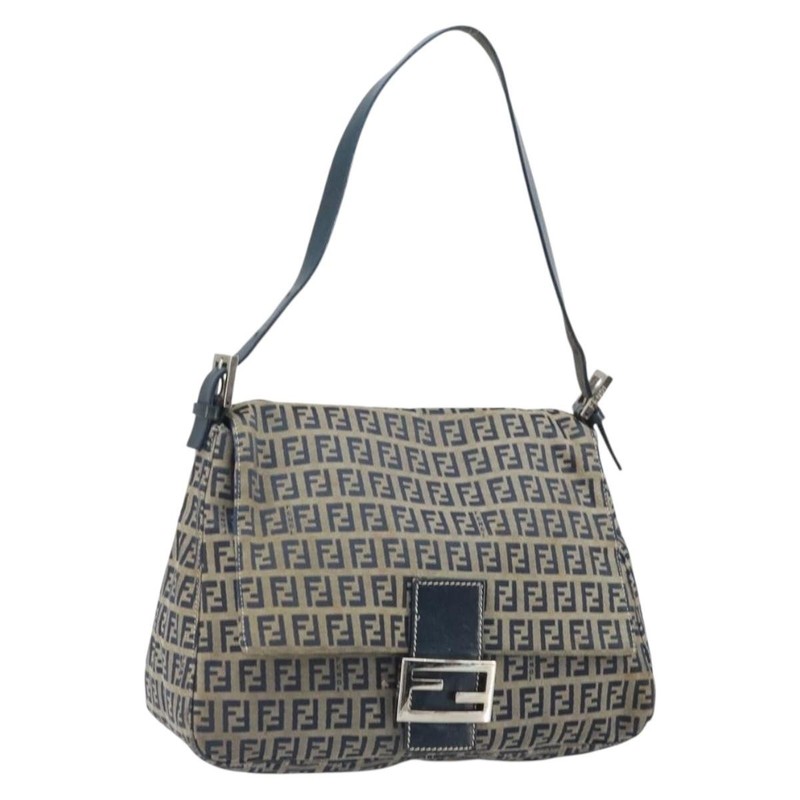 FENDI Zucchino Canvas Mamma Baguette Shoulder Bag Navy Silver Auth ep13096