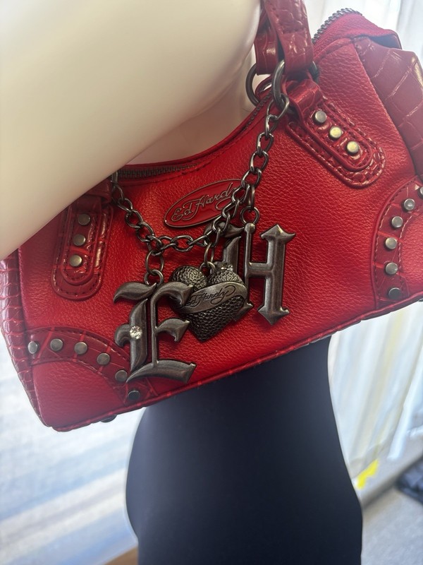 Ed Hardy Red Medium Satchel Top Handle Zip Studded Chain Logo Detachable Strap