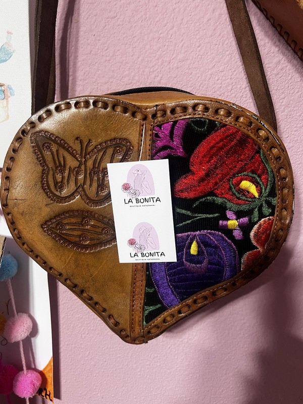 La Bonita Heart Shaped Crossbody Bag, Zip, Floral Embroidered, Brown/Multicolor