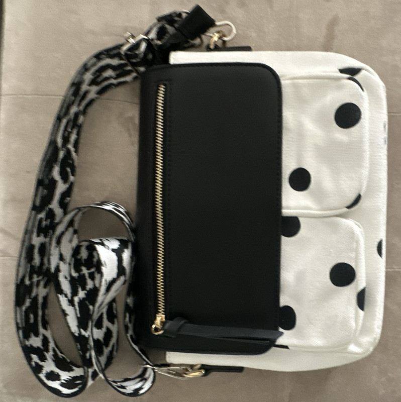 Women’s Black & White Polka Dot Crossbody Bag Detachable Strap Zip Snap