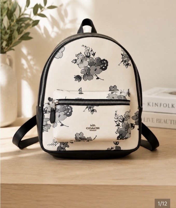 COACH Medium Charlie Backpack Fairy Tale Floral Print Black cream