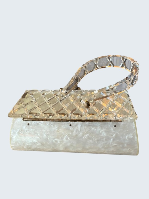 Dreamy Clear Diamond Cut and Pearlized White Lucite Handbag gallery