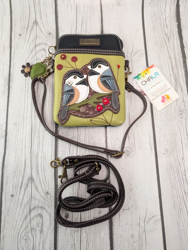 Chala Green Chickadee Birds Crossbody Cell Phone Bag Purse 2 Straps New