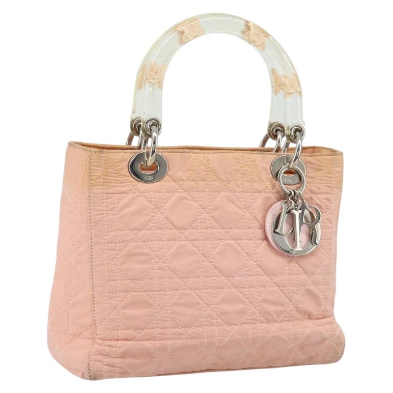 Christian Dior Lady Dior Hand Bag Nylon Pink Silver Auth 173001