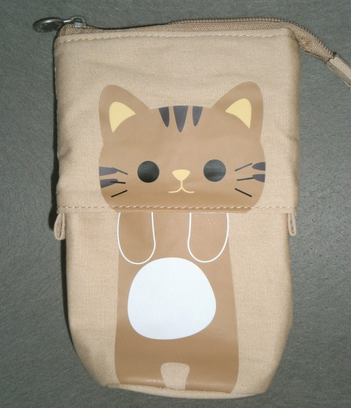 NEW! ADORABLE CAT Themed EXPANDABLE Pen / PENCIL or Make-up CASE in KHAKI