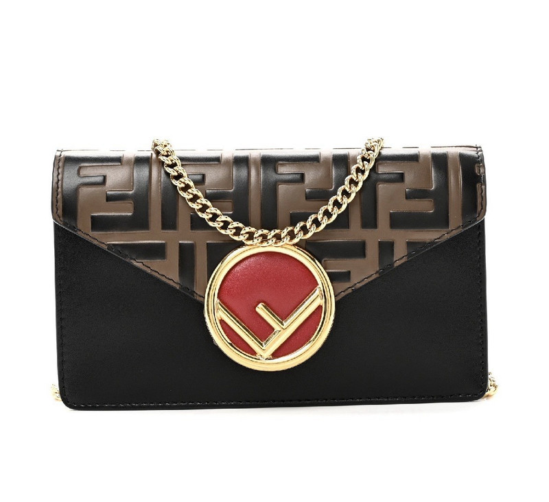 Fendi Zucca FF Logo Kan I Flap Crossbody Bag Gold Chain Black Brown Red