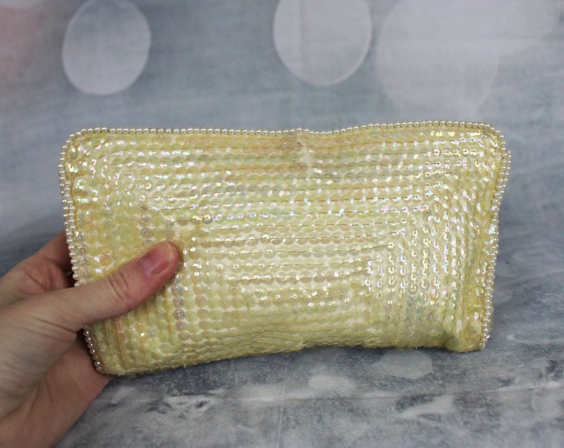 Vintage 50s 60s Beaded Iridescent Sequins Faux Pearl Trim Clutch Made in Japan gallery
