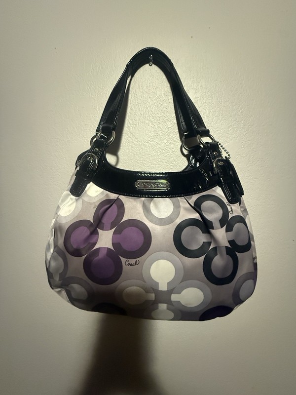 Coach Geometric Pattern Shoulder Bag Purple Black Gray Patent Trim Logo Accent