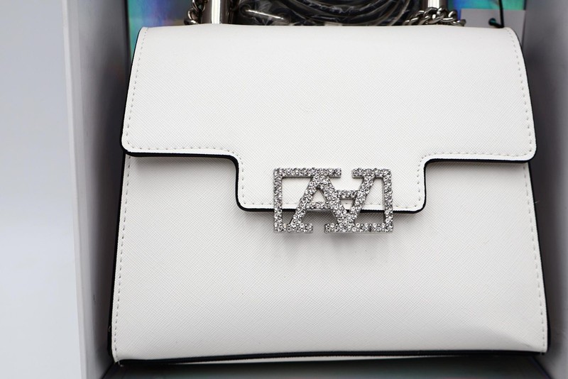 Aldo White Purse with Black Trim and Rhinestone Clasp NEW gallery