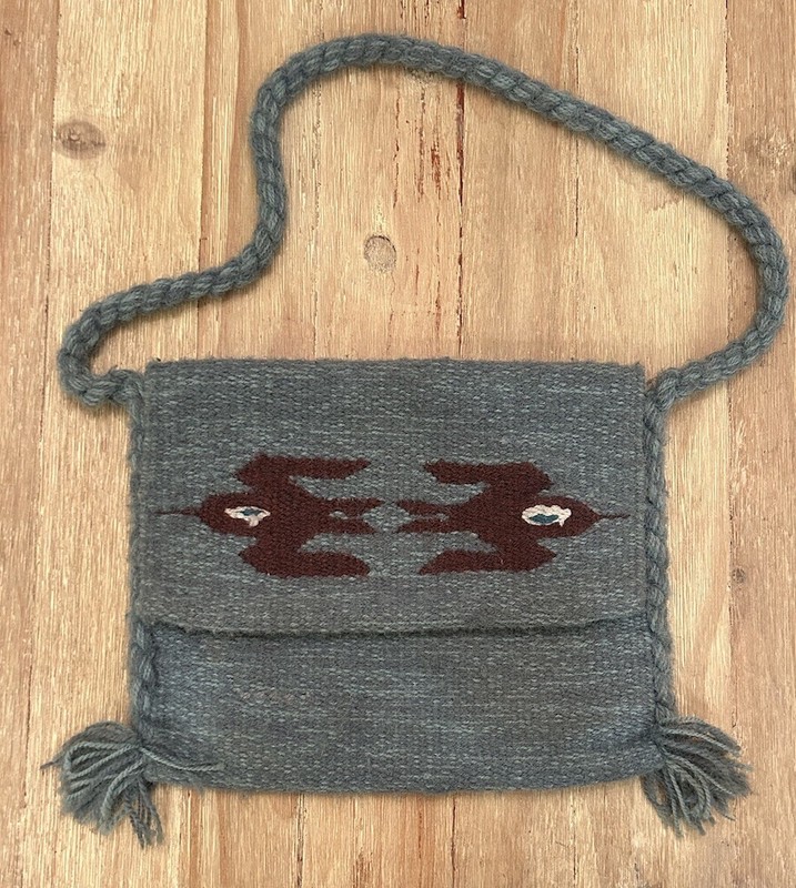 Handwoven Native Southwest Wool Shoulder Bag Hippie Boho Birds Flap Dusty Blue