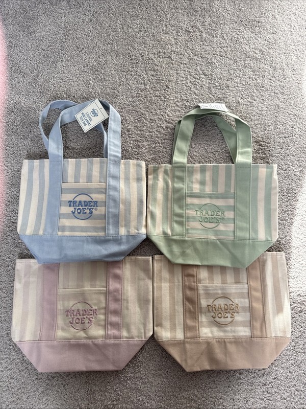 Trader Joe’s Striped Mini Canvas Tote Bag 4 Color Set NWT Pink Blue Green Beige