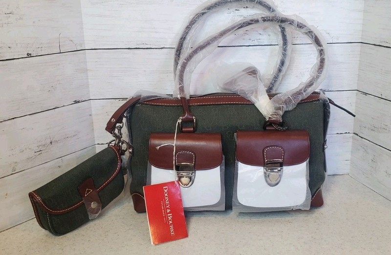 Dooney & Bourke Jacquard Green Double Pocket Tote HP65C HT w/ Wallet 13x8x5