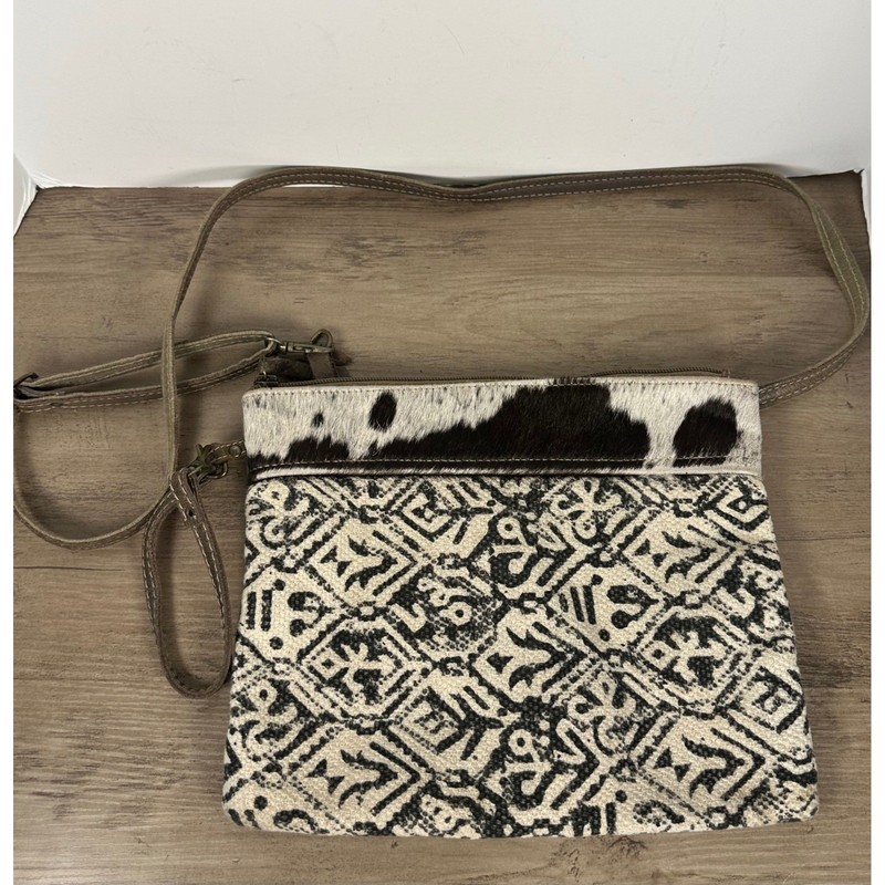 Myra Bag Upcycled Canvas Cowhide Trimmed Geometric Tribal Crossbody Bag Purse