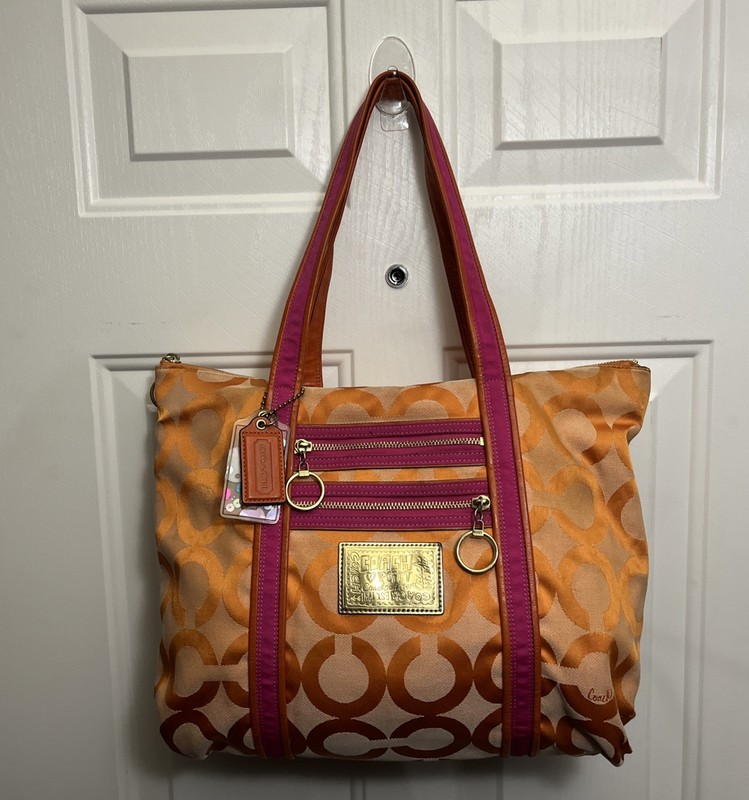 Coach Signature Persimmon Poppy OP Art Signature Jacquard Tote Bag