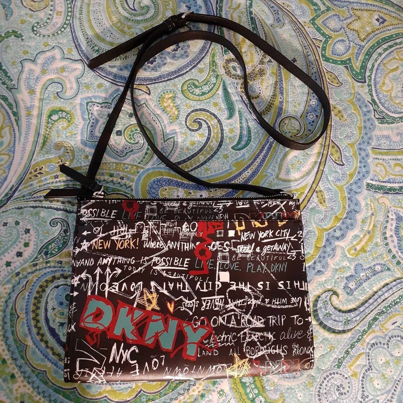 2021 DKNY Bryant Park Black Graffiti Crossbody Bag Faux Leather Zipper Pockets